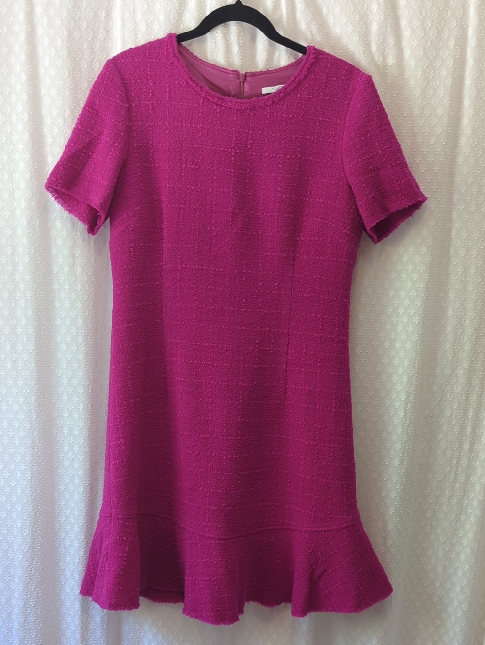 Santorelli Fringe Trim Ruffle Tweed Pink Dress Short Sleeve Women's Size 46/10